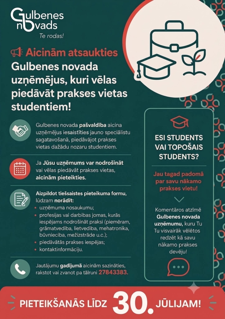 Attēls:Aicinām atsaukties Gulbenes novada uzņēmējus, kuri vēlas piedāvāt prakses vietas studentiem 