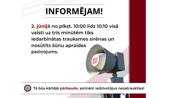 Attēls: VUGD: 2. jūnijā visā Latvijā iedarbinās trauksmes sirēnas un nosūtīs šūnu apraides paziņojumu