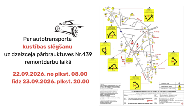 Attēls: Par autotransporta kustības slēgšanu uz dzelzceļa pārbrauktuves Nr.439 remontdarbu laikā
