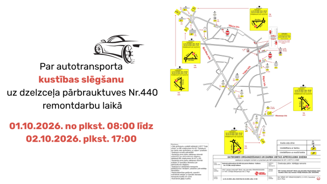 Attēls: Par autotransporta kustības slēgšanu uz dzelzceļa pārbrauktuves Nr.440 remontdarbu laikā