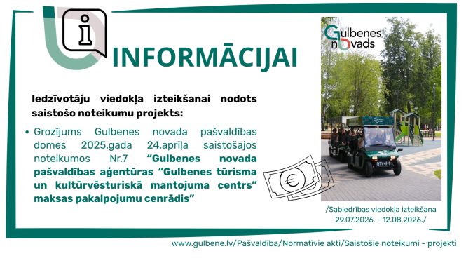 Attēls: Iedzīvotāju viedokļa izteikšanai nodots saistošo noteikumu projektu par “Gulbenes tūrisma un kultūrvēsturiskā mantojuma centrs” maksas pakalpojumu cenrādi