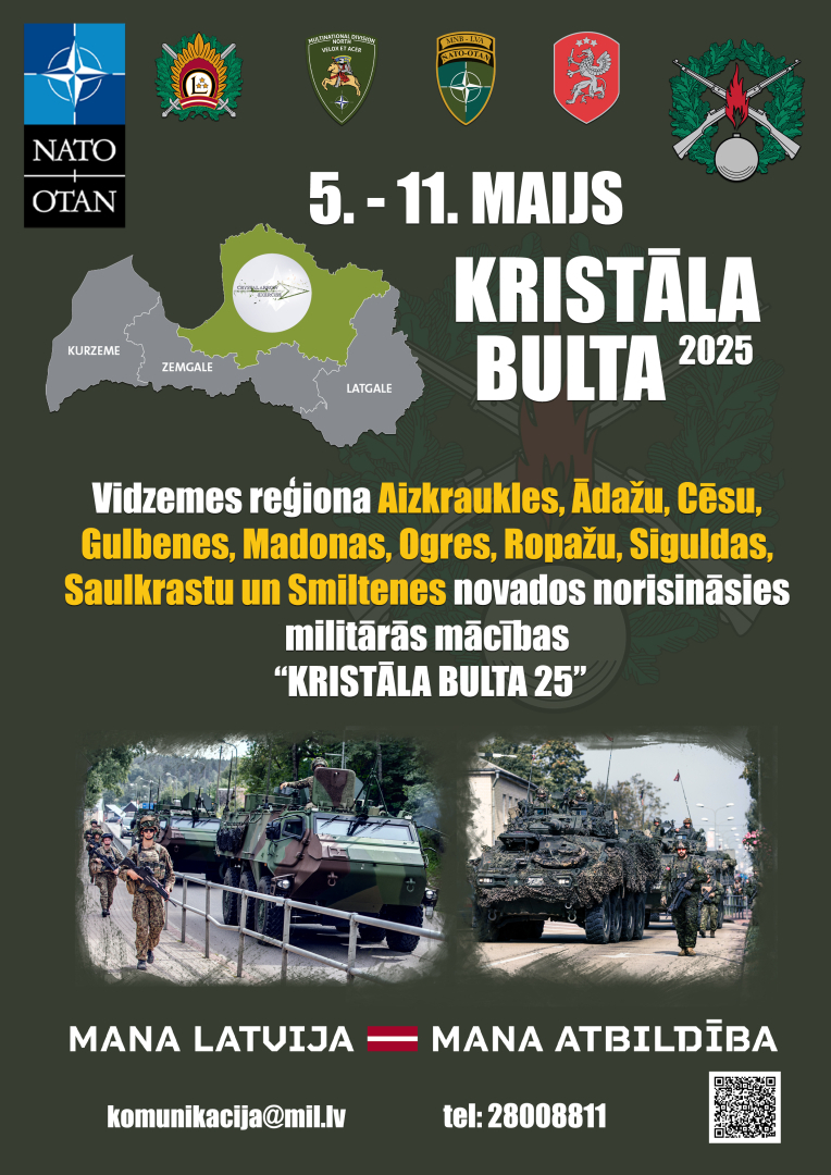 Attēls: No 5. līdz 11. maijam jūsu novados norisināsies Sauszemes spēku Mehanizētās kājnieku brigādes organizētās militārās mācības "Kristāla bulta 2025"