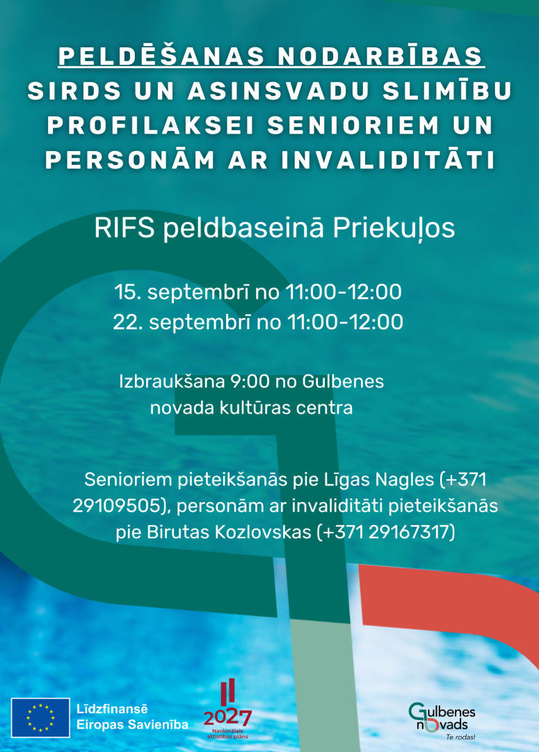 Gulbenes novada pašvaldība organizē bezmaksas peldēšanas nodarbības Priekuļu peldbaseinā RIFS sirds un asinsvadu slimību profilaksei senioriem un personām ar invaliditāti. 