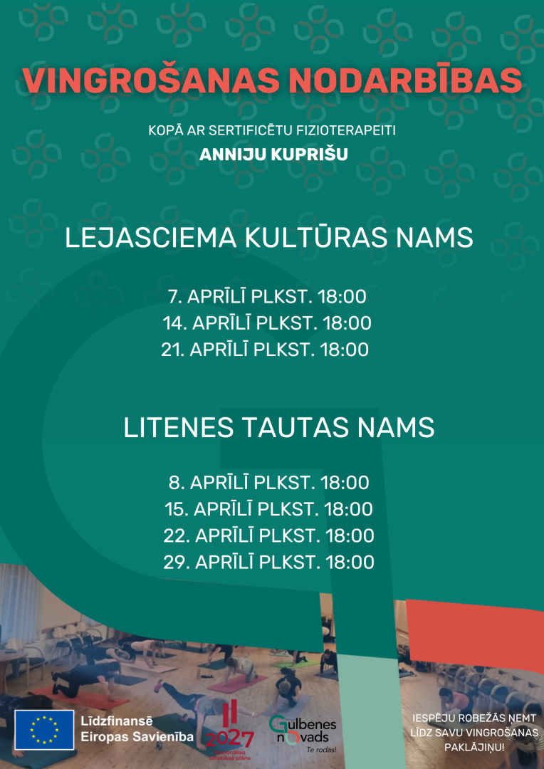 Afiša: Bezmaksas vingrošanas nodarbības sertificētas fizioterapeites Annijas Kuprišas vadībā turpinās