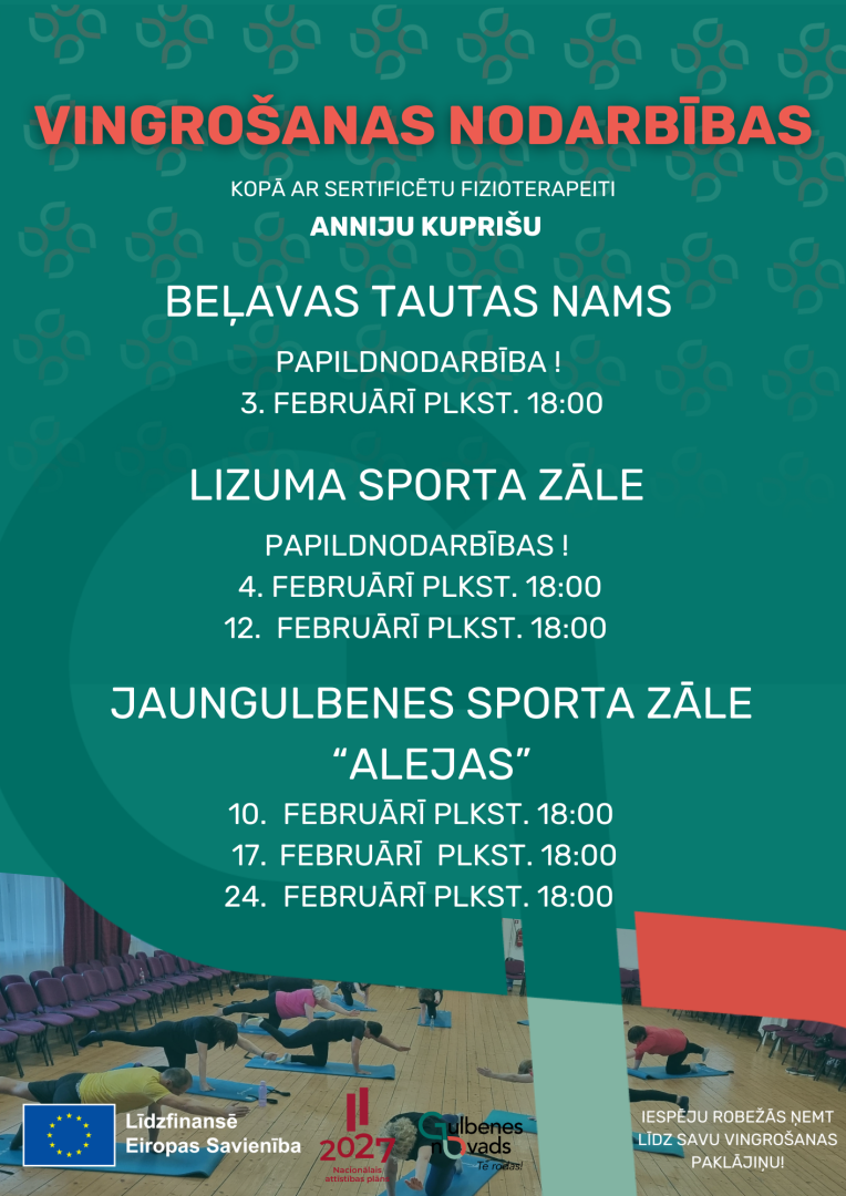 Afiša: Bezmaksas vingrošanas nodarbības sertificētas fizioterapeites Annijas Kuprišas vadībā turpinās februārī