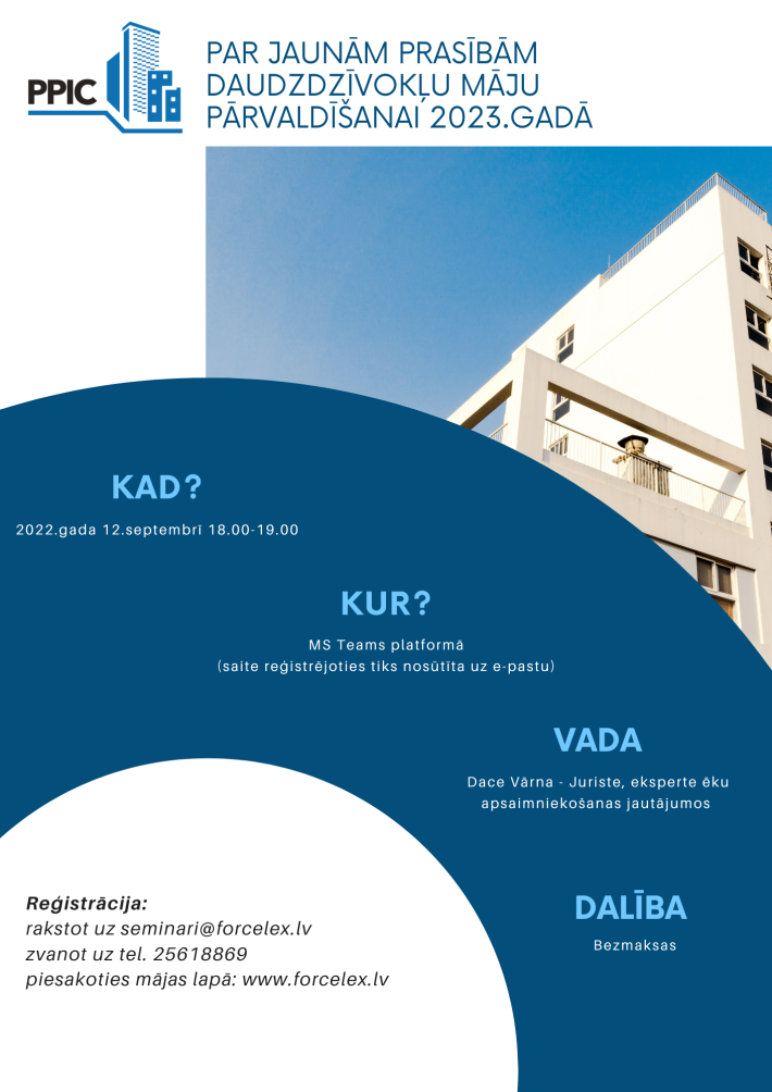 Bezmaksas e-seminārs par jaunām prasībām daudzdzīvokļu māju pārvaldīšanai 2023.gadā!