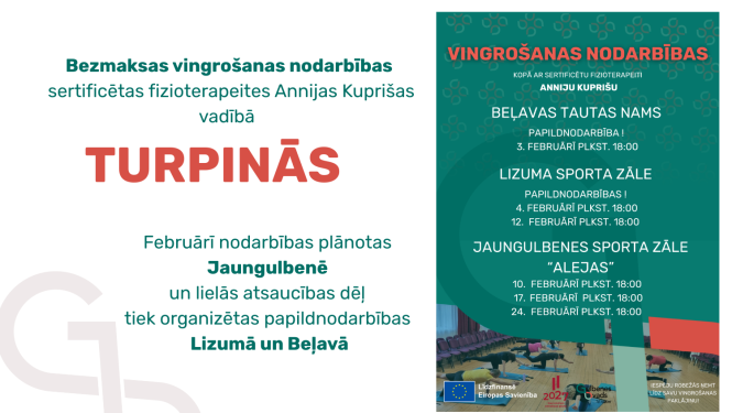 Attēls: Bezmaksas vingrošanas nodarbības sertificētas fizioterapeites Annijas Kuprišas vadībā turpinās