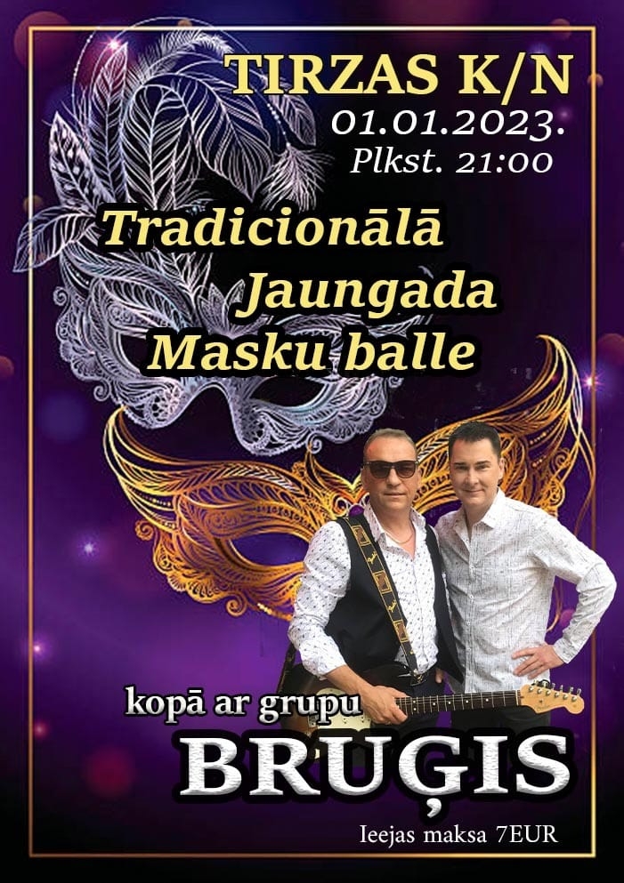 Attēls ar Tirzas kultūras namā tradicionālā Jaungada masku balle ar grupu “Bruģis”