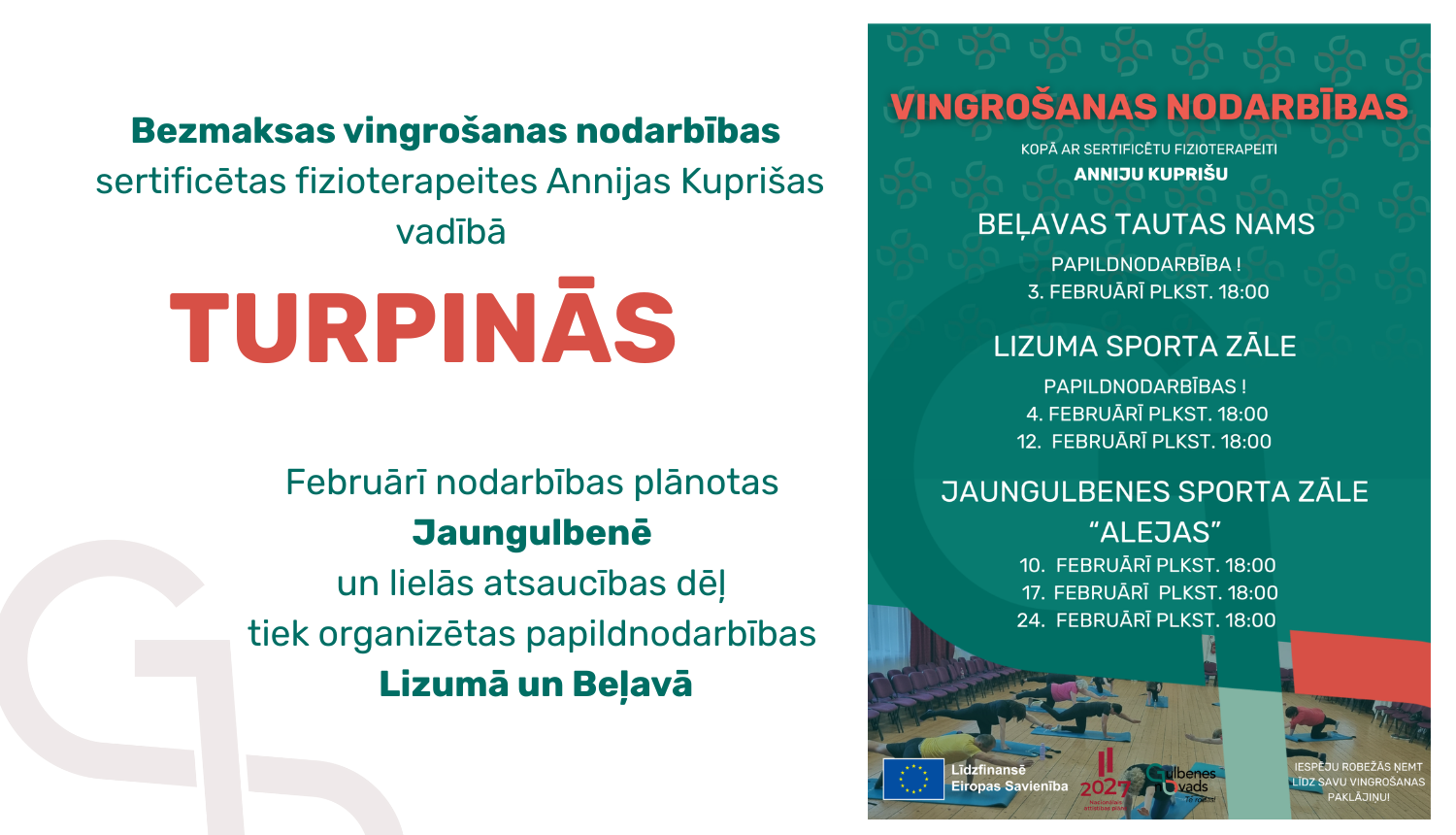 Attēls: Bezmaksas vingrošanas nodarbības sertificētas fizioterapeites Annijas Kuprišas vadībā turpinās